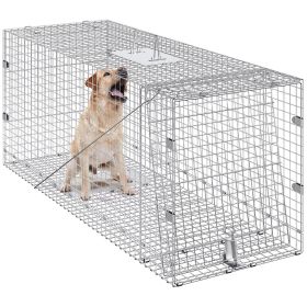 Live Animal Cage Trap, 42" x 16" x 18" Humane Cat Trap Galvanized Iron, Folding Animal Trap with Handle for Stray Dogs, Armadillos, Raccoons